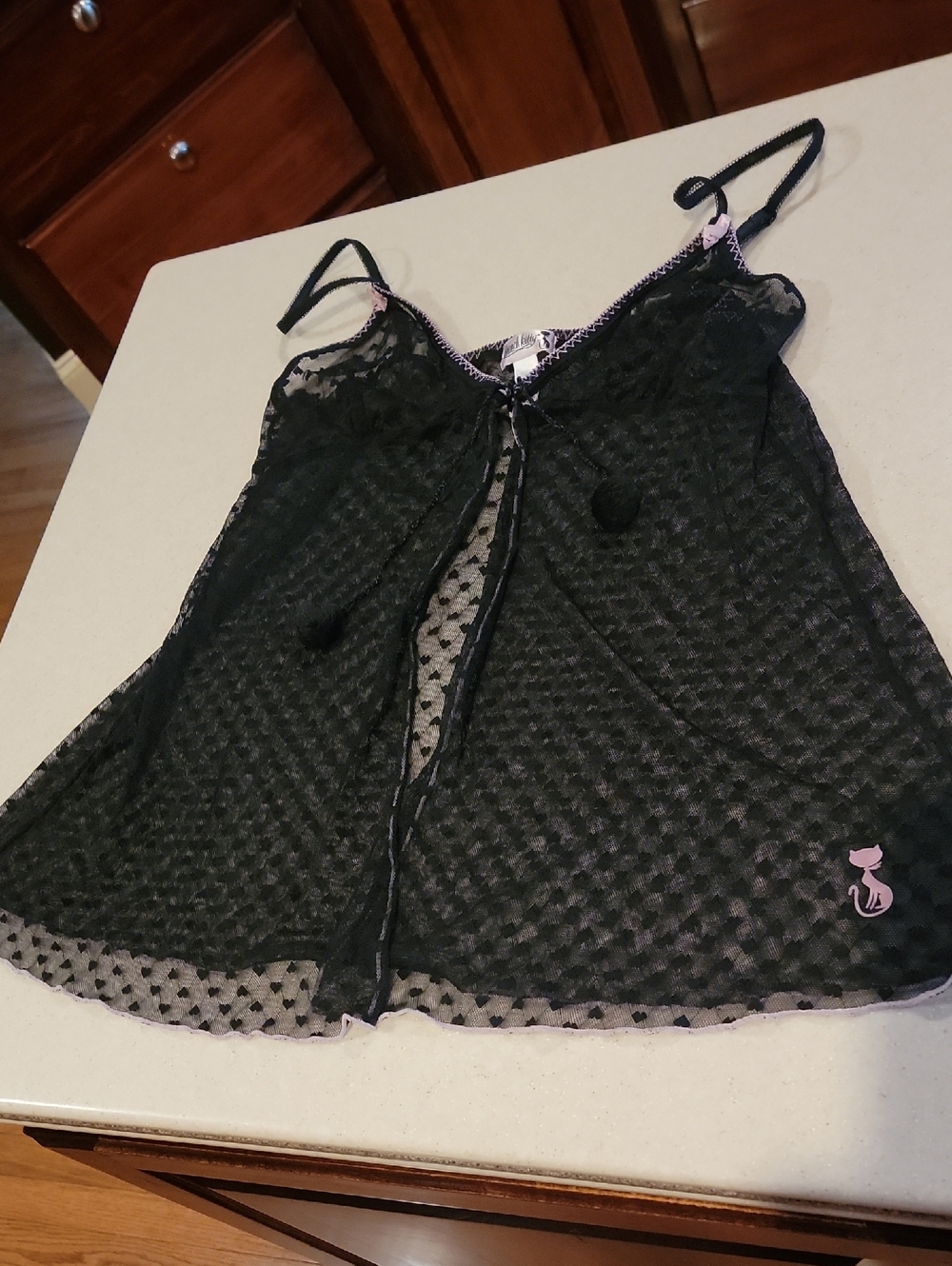 Sheer Black Polka-Dot Lace Babydoll Chemise with Pom-Pom Tie Vintage